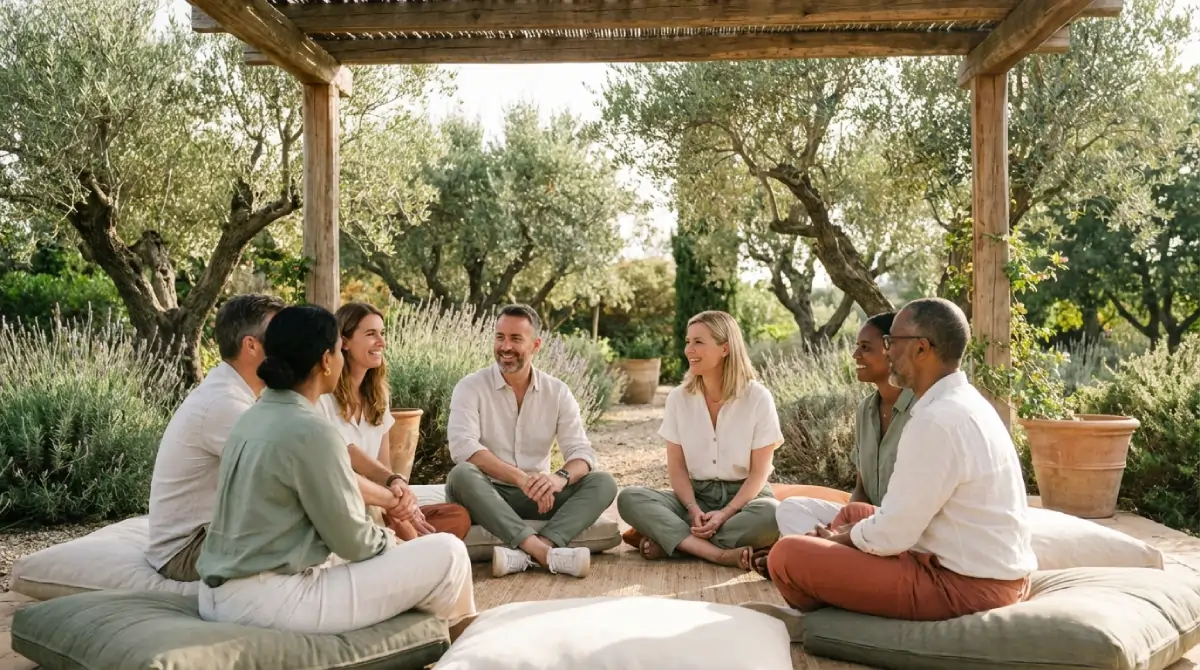 Humanitarian professionals connecting during retreat