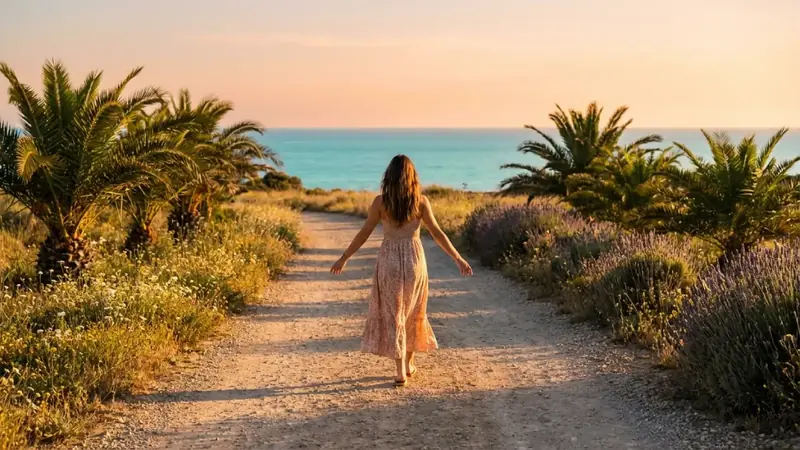 Person walking peacefully along Mediterranean path at sunset